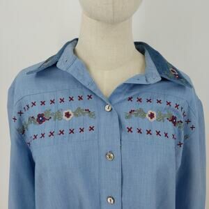 Tan Jay Womens Blue Long Sleeve Size 16 w Floral Embroidered Blouse 65% Cotton